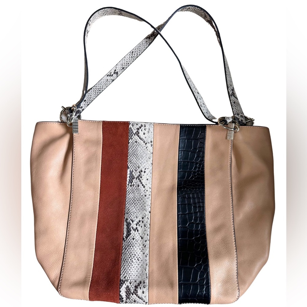Vince Camuto Ashby Leather Moccasin  Stripe Tote Bag-Beige Multi-